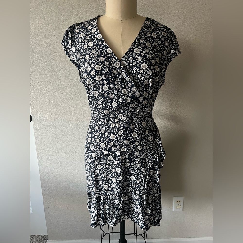 J. Crew Floral Blue and White Faux Wrap Dress